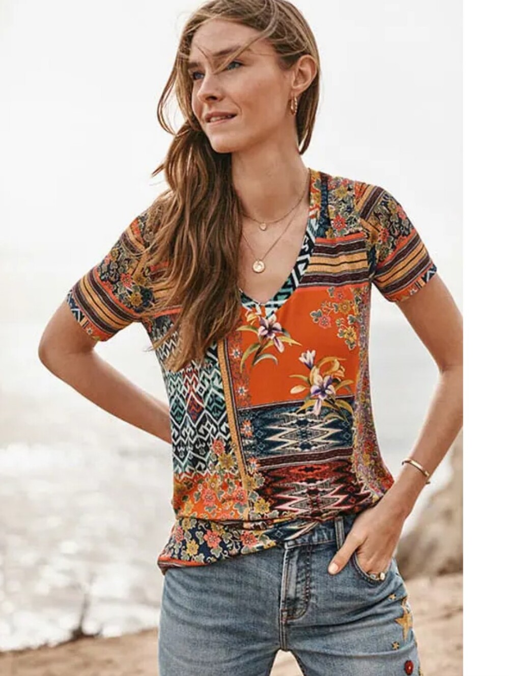 Johnny Was Allie Favorite Flower Short Sleeve V-Neck Tee